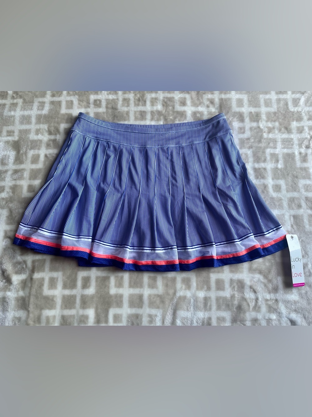 Lucky in Love Blue Striped Skater Skirt with Coral Accent